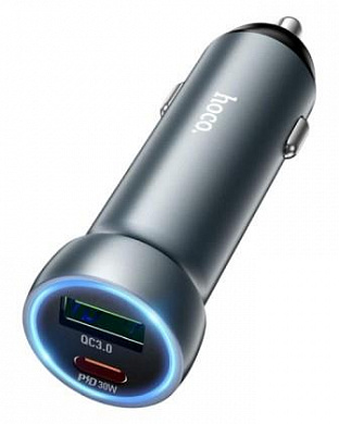 Автомобильное зарядное устройство "Hoco Z54A" 1USB/1USB-C 18W/30W удлиненный корпус подсветка